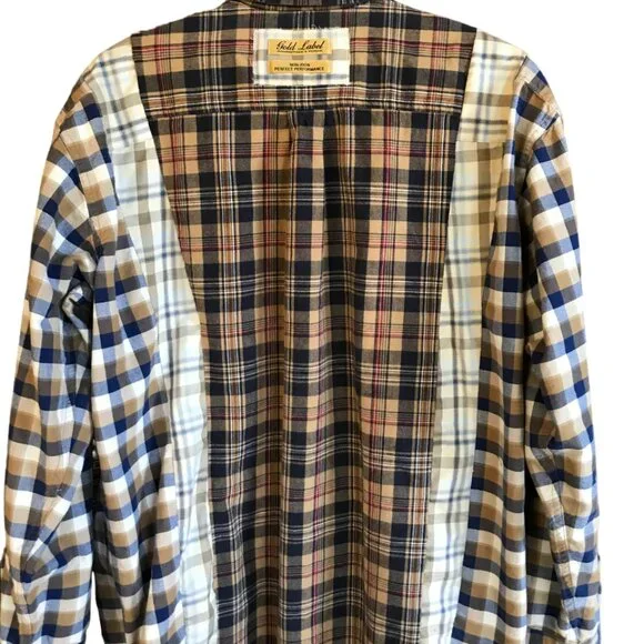 Mixed Print Button-Down Shirt, M-L: Upcycled Boho Patchwork Top, Autumn Colors - Picture 9 of 12